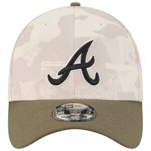 Atlanta Braves MLB Hat‎ Khaki Armed Forces Day 2025 39THIRTY Stretch Fit Cap NEW
